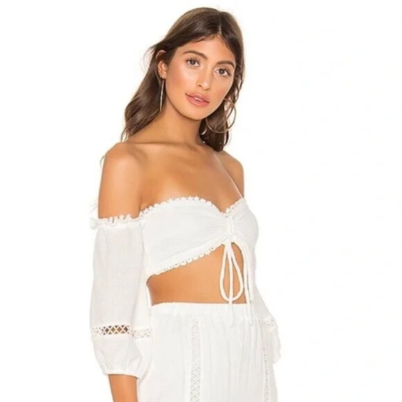 Revole MAJORELLE White Privett Crop Eyelet Ruched Front Off Shoulder Top - Picture 3 of 8
